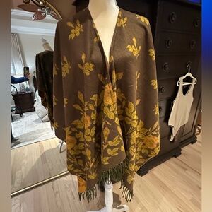 Descours Brown Floral Reversible Shawl with Fringe